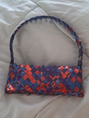 Handwoven Candy Wrapper Purse Blue & Orange Unique Shoulder Bag Made In Mexico
